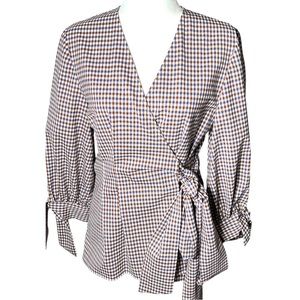 Pearl Lela Rose Chestnut Checked Wool Wrap Blouse NWOT